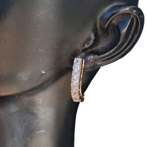 Vintage Gold Tone Princess Cut Rhinestone J Hoop Earrings Channel Set